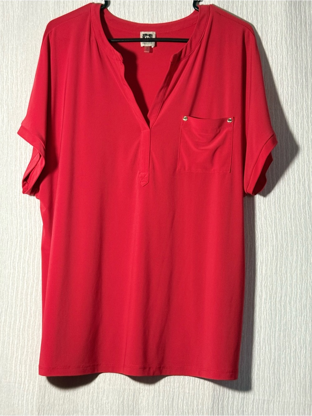 Women's Red V-Neck Short Sleeve Blouse with Chest Pocket